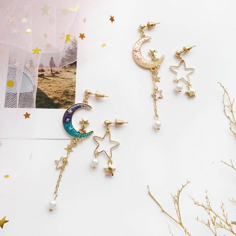 Earrings |  Cute Moon And Star Asymmetrical Earrings/Clips Pn1264 Earrings Clips / Blue