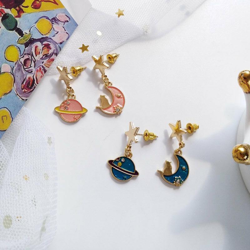 Earrings |  Cute Moon And Star Asymmetrical Earrings/Clips Pn1566 Earrings Clips / Blue