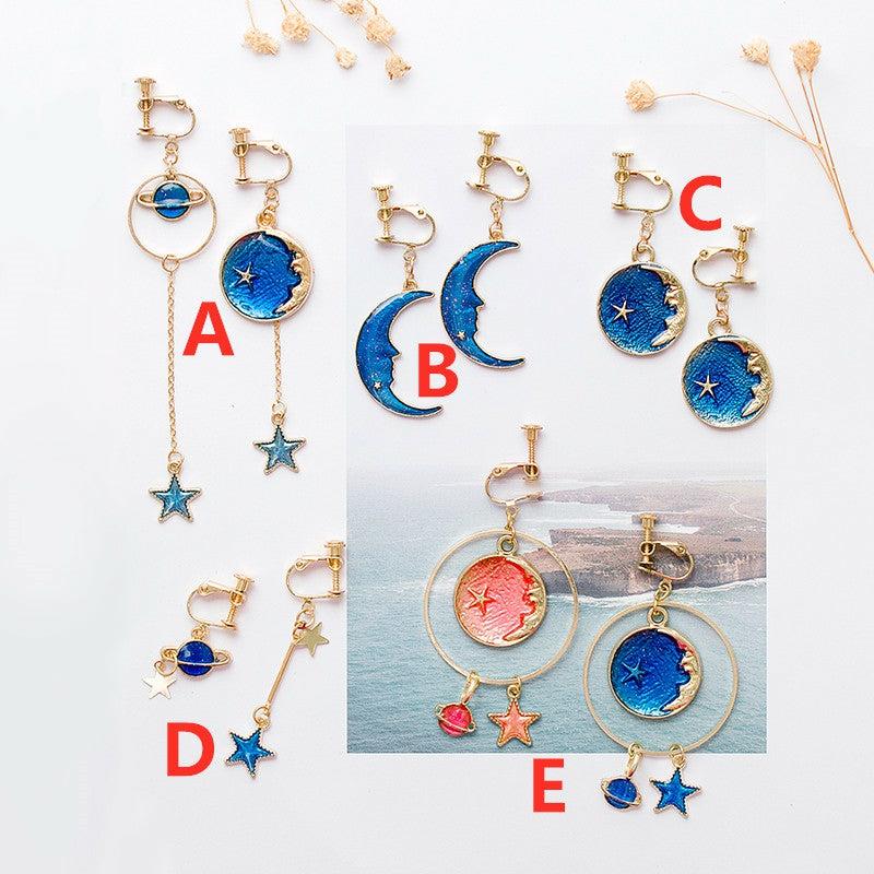 Earrings |  Moon And Star Asymmetrical Earrings/Clips Pn2727 Clips / A