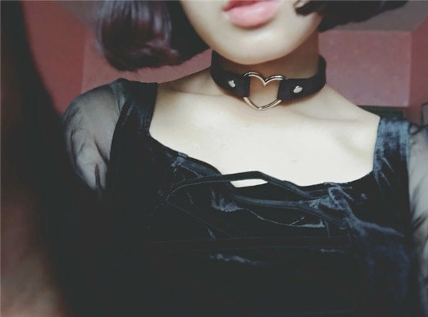 Necklaces/Chokers |  Harajuku Heart Leather Choker Pn0393 Necklaces/Chokers Black